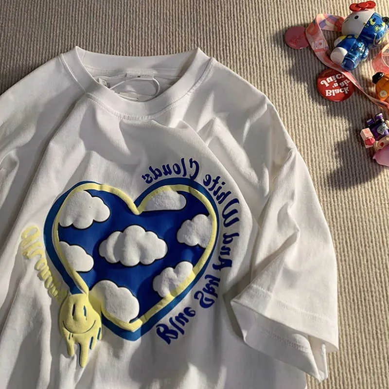 Summer Short Sleeve Women T-shirts Round Neck Large Size Female Tops Graffiti Love Cloud Print Cotton Harajuku Loose Tee Shirts 210720
