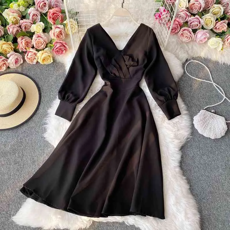 Ezgaga elegante vestido mulheres vintage manga comprida v-pescoço alta cintura de férias vestido vestido sólido vestidos francês estilo robe vestidos 210430