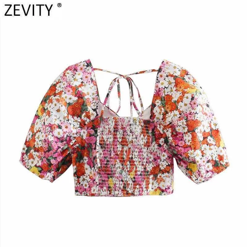 Zeveity Women Sweet V-шеи Цветочные принт Короткие Smock Blouse Femme Рукав Femme Рукав Назад Эластичные Тонкие Рупас Шикарные кружевные Топы LS9082 210603