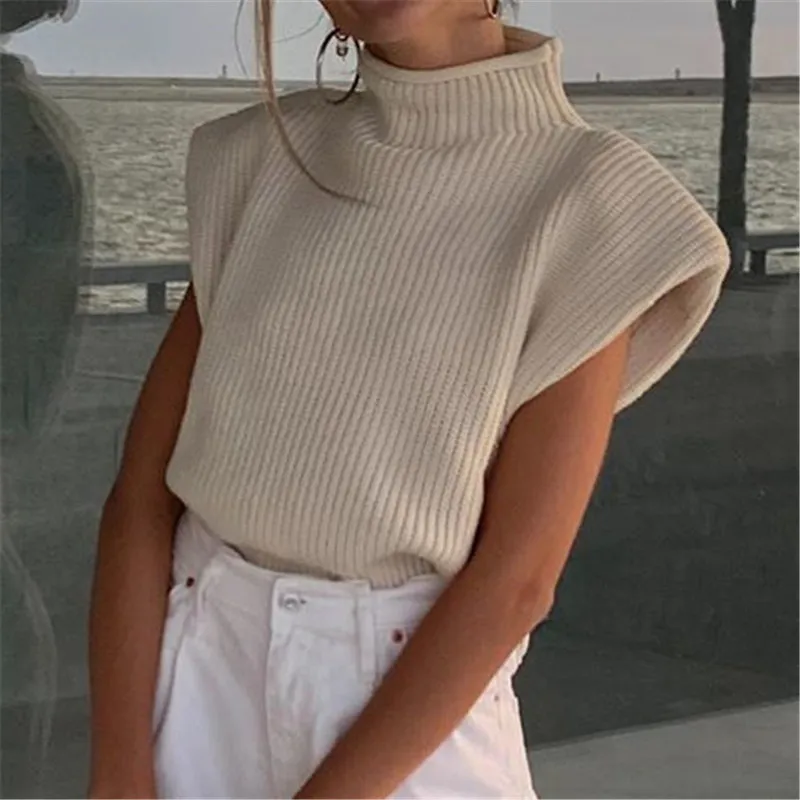 Mulheres elegantes suéter curto colete moda feminina gola alta malha streetwear feminino chique ombreiras 210427
