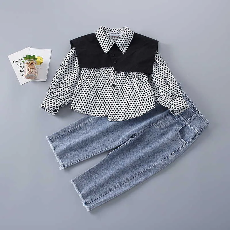 Lente kinderen meisjes 2-pcs sets polka dot lange shirts + denim broek kinderen jeans casual stijl kleding E2035 210610