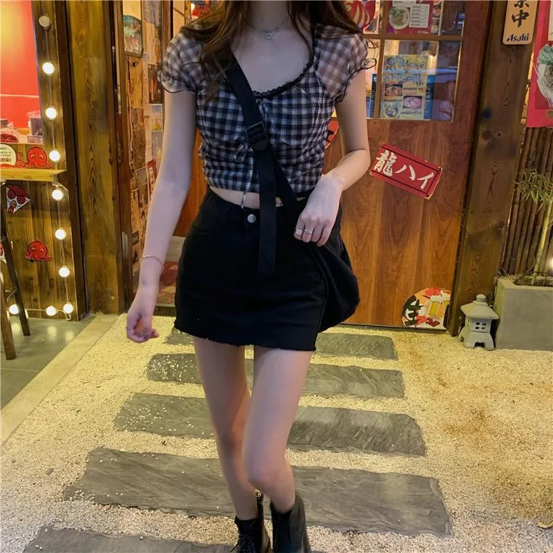 Zomer plaid blouse dames retro vierkante sleutelhemd casual kant chiffon puff puff mouw crop tops vrouwelijke Korea kleding 210401