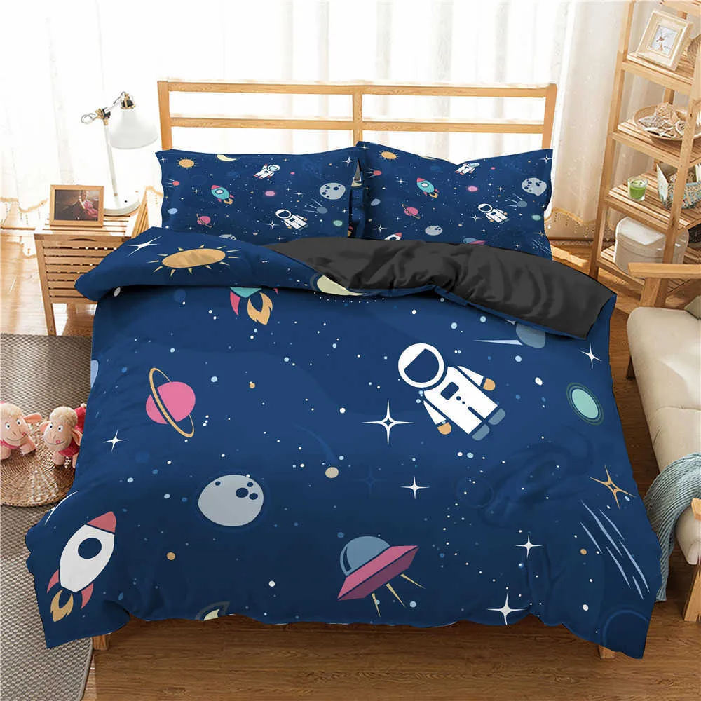 Homesky Cartoon Bedding Set Aviation Astronaut Copripiumino Ragazzi Blue Sky Dream Quilt Twin Single Double Size Federa 210615