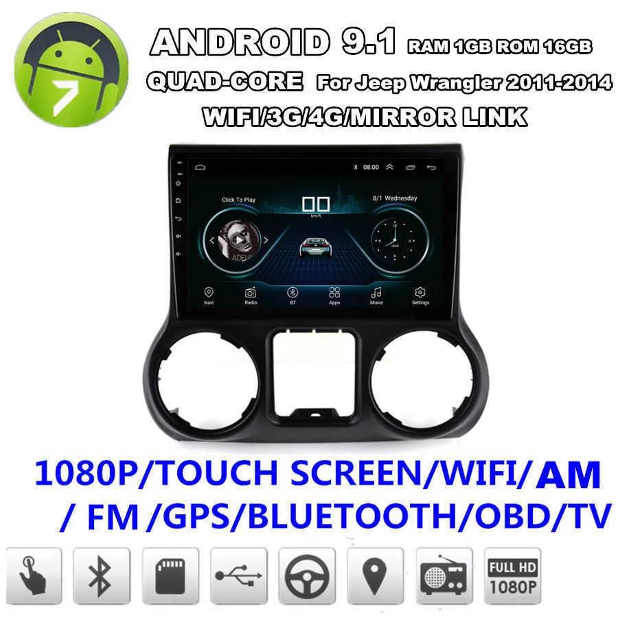 10.1 ''Quad-core 1GB + 16GB Android 9.1 autoradio GPS WIFI BT DAB miroir lien OBD pour Jeep Wrangler 2011-2014