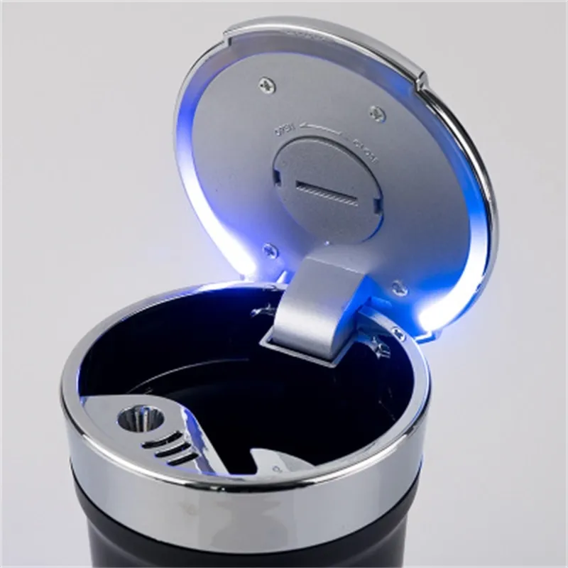 Posacenere portatile antivento con mini pattumiera auto staccabile in acciaio inossidabile a luce blu a LED uso domestico da viaggio all'aperto