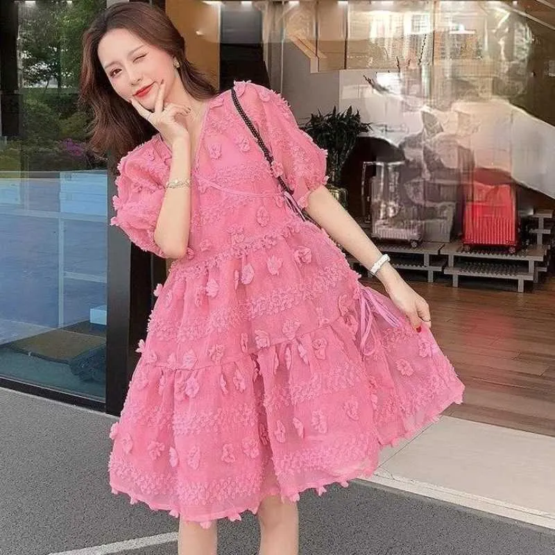 Summer Sweet Sets 3D Floral Puff Sleeve V-cuello A-line Dress + Basic Sling Dresses Mujer coreana Trajes de 2 piezas 6H458 210603