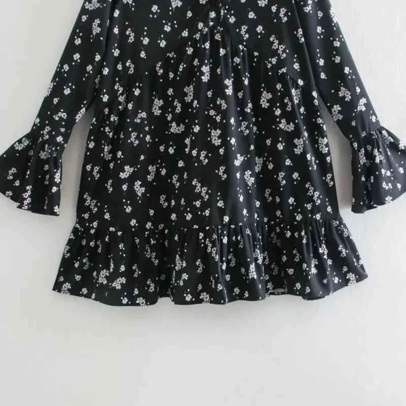 Lente vrouwen bloemen print v nek ruche zoom mini een lijn jurk vrouwelijke flare mouw kleding dame losse vestido d7297 210430