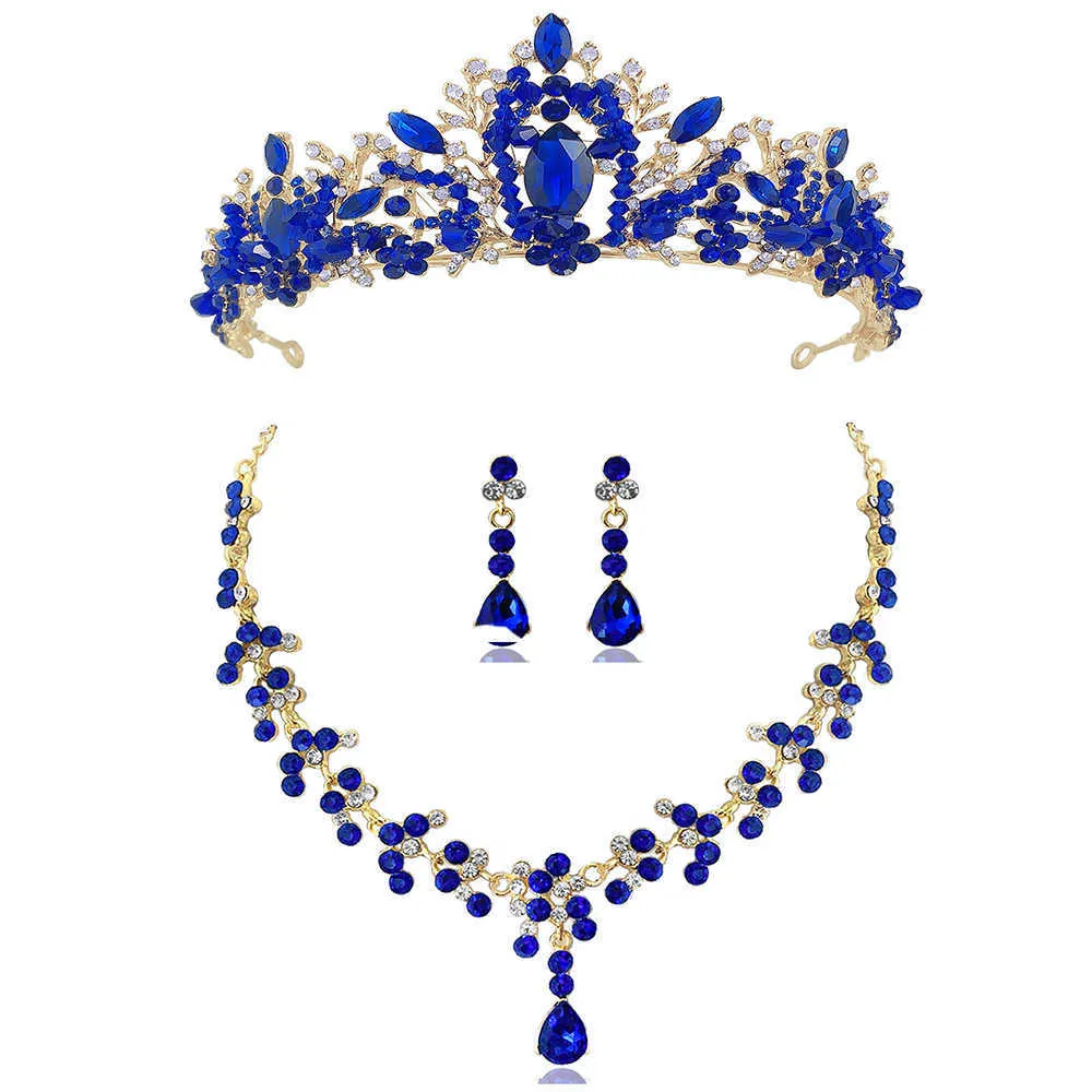 2021 Barock kristallvattendroppe brud smycken sätter rhinestone tiaras krona halsband örhängen brud bröllop dubai smycken set h1022
