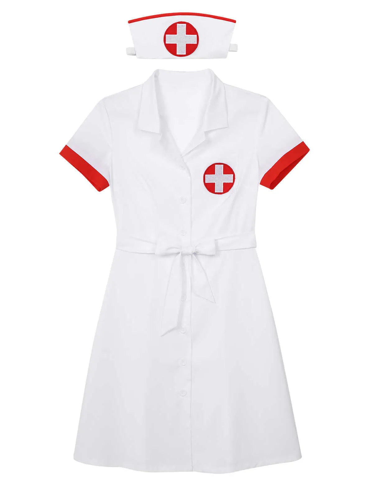 Frauen Weibliche Sexy Krankenschwester Kostüm Tiefe V Arzt Cosplay Erwachsene Uniform Rolle Spielen Party Kleid mit Gürtel und Hut Y0913