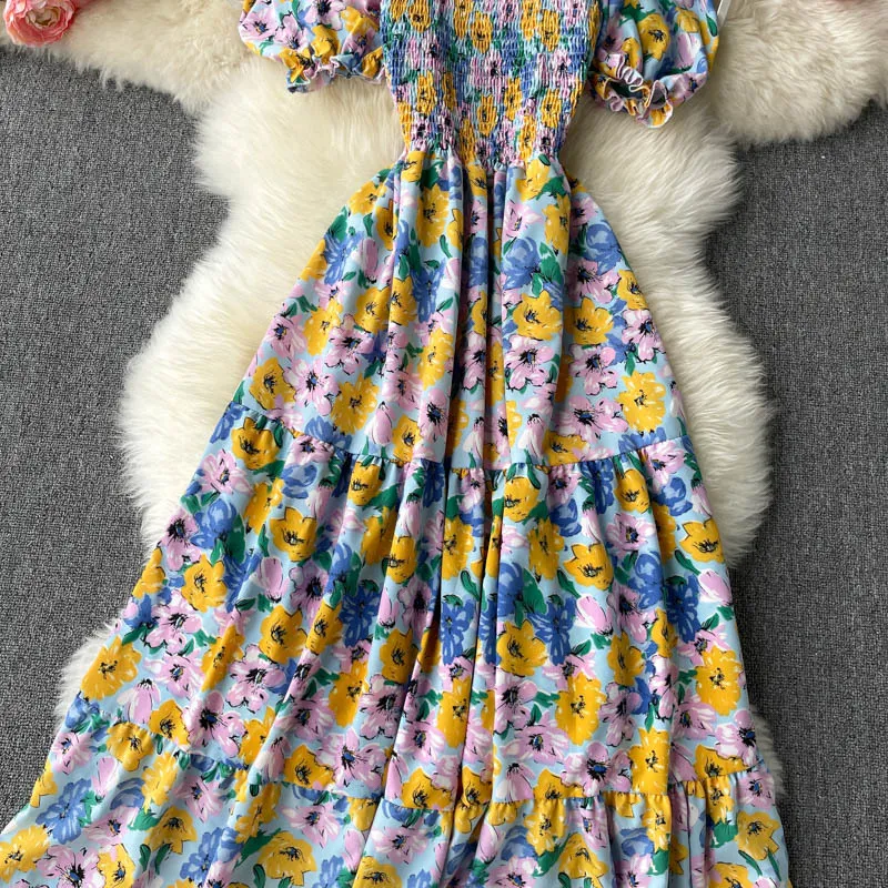Vestidos Женское летнее платье с квадратной шеечной рукавом упругой талии похудения праздник стиль печатный MIDI GK795 210506