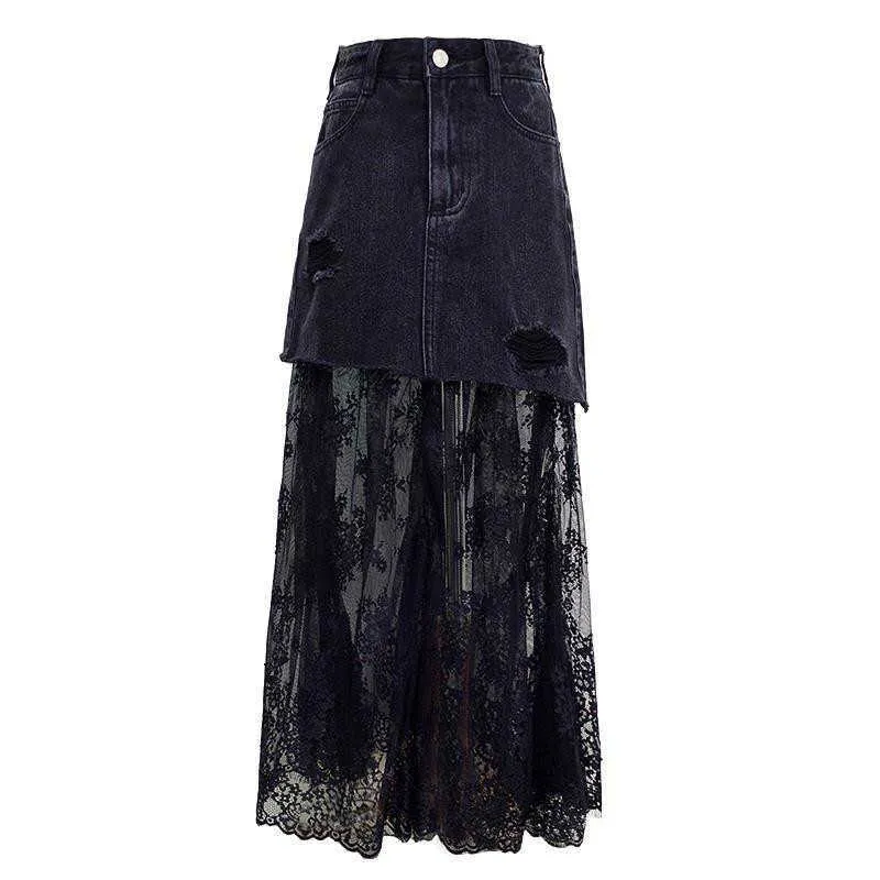 Sexig Mesh Womens Tulle Kjolar Sommar Hög Midja Lång Svart Jeans Tutu Pläterad Denim Patchwork Midi Saias 210708