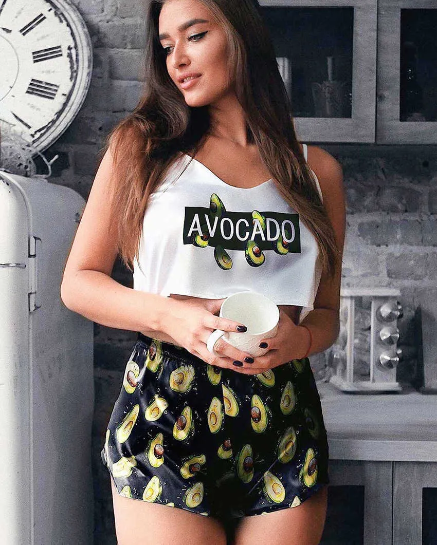 Sommar Avokado Printed Lovely Sleepwear V Neck Sexig Pyjamas Set Kvinnor Lösa Pajama Satin Top och Shorts Home Suit Q0706