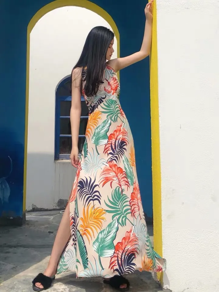 primavera estate designer elegante foglia tropicale dipinta a blocchi di colore maxi scollo a V abiti da spiaggia allacciati alla caviglia abiti da donna senza schienale 210421