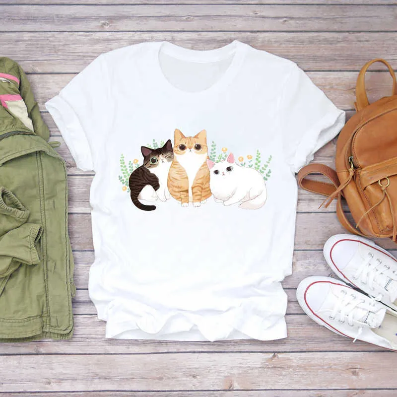 Frauen Cartoon Katze Blume Cartoon Kawaii 90er Jahre Tiermode Druck Dame T-shirts Top Damen Grafik T-shirt Weibliche T-Shirt T-Shirt X0527