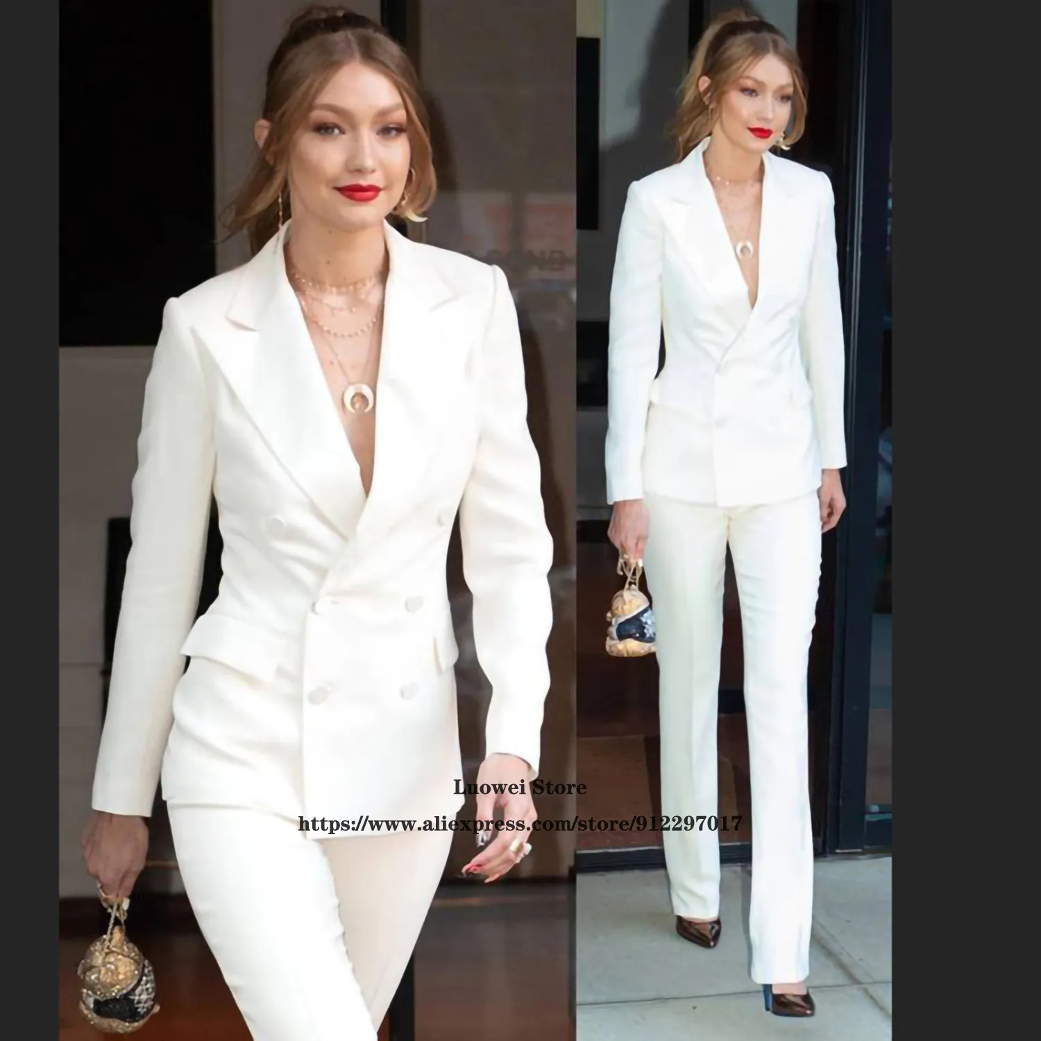 White Women Suits Office Workwear Trouser Suit Ladies Formal Business Blazer Sets Jacket+Pants