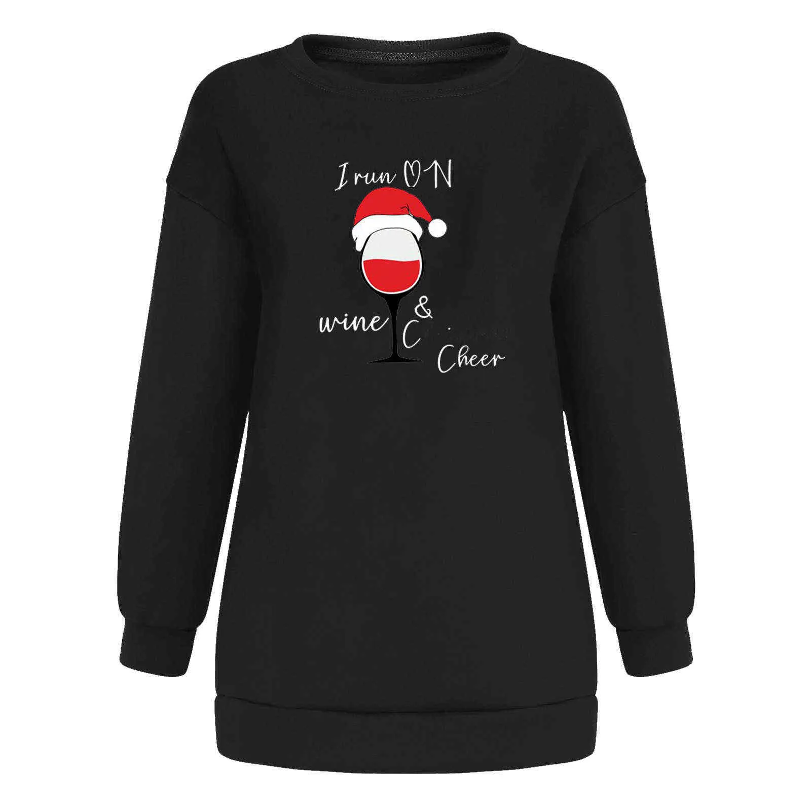 Dorywczo O-Neck Długi Sleeved Fleece Boże Narodzenie Topy 20211 Boże Narodzenie Sweter Dla Kobiet Red Wine Glass Print Barvized Bluza Y1110