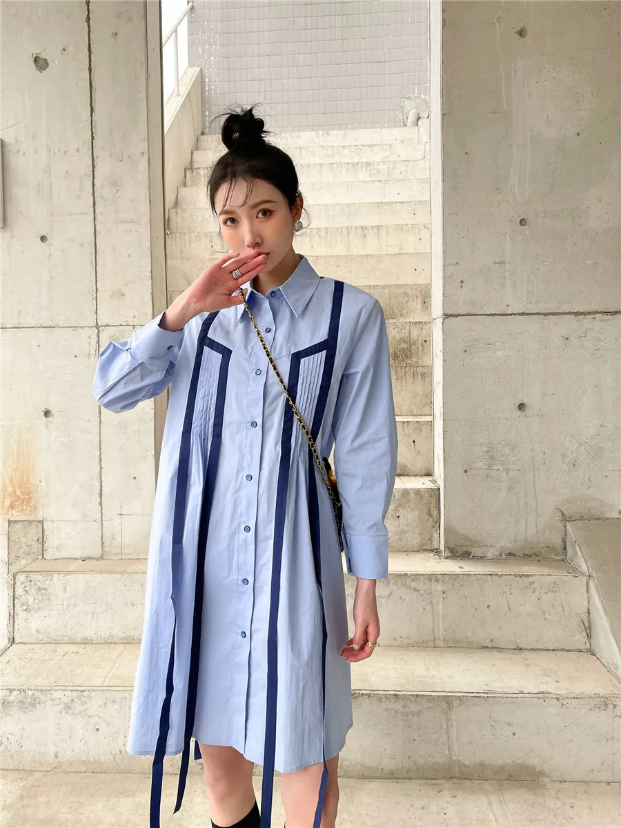Ruban Bleu Chemise Robe Femmes Mode Printemps Bouton À Manches Longues Une Ligne Mini Vêtements De Créateurs Coréens 210427
