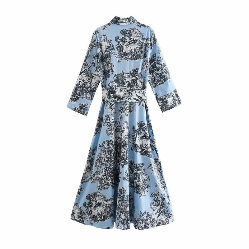 2021 nuevo vestido de verano de camisa con estampado pastoral con solapa de mangas 3/4, fajas de lazo de mangas acampanadas X0521