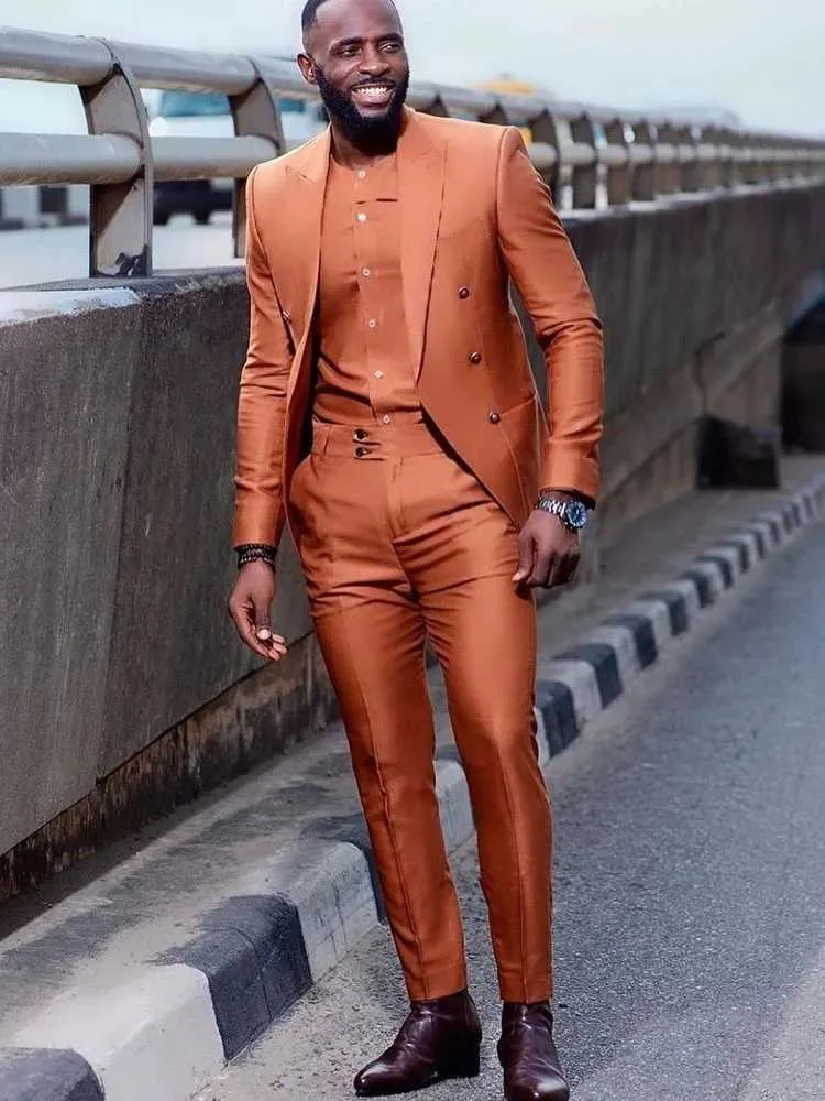 Costume Homme Marriage Orange Men Suits Peak Lapel Fashion Wedding Tuxedos Terno Masculino Groom Prom Blazer Jacket+Pant X0909