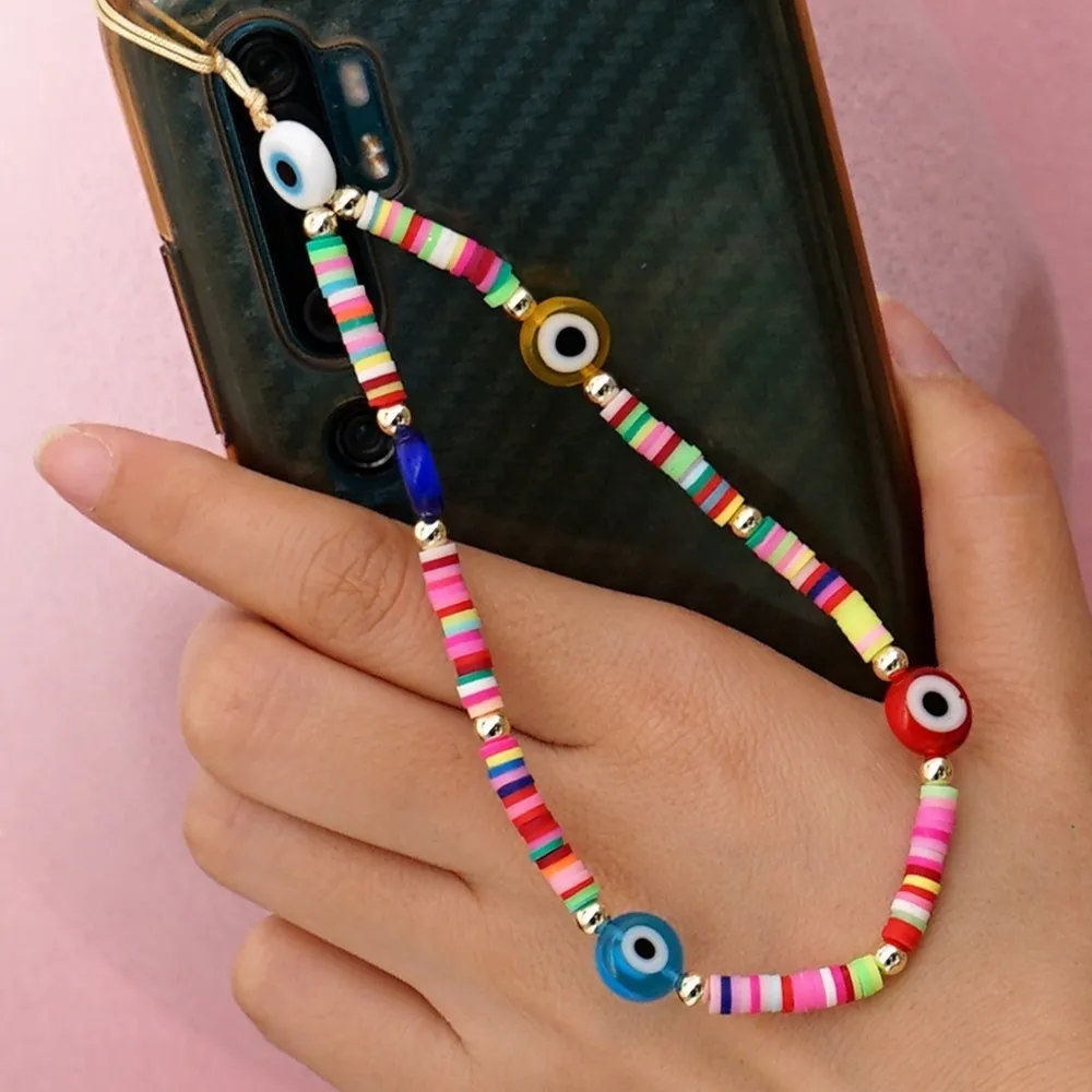 2021 lanière de sangle Mobile coloré sourire perle douce poterie corde étui de téléphone portable cordon suspendu pour les femmes