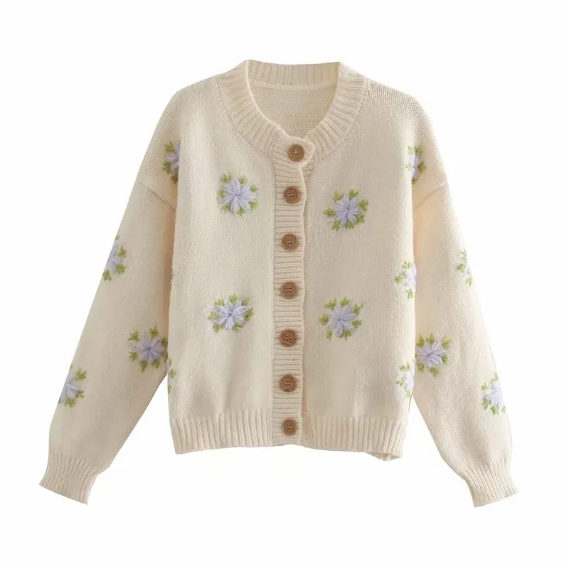 Cardigan de broderie florale Femmes Automne Hiver Tricoté Casual Chic Pull Cardigans Vintage Cardigan Français 210415