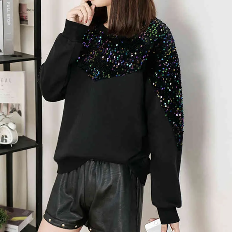 Automne Hiver Crewneck Sweatshirt Femmes Paillettes Pull Plus Taille Solide Manches Longues S Vestes 12471 210508