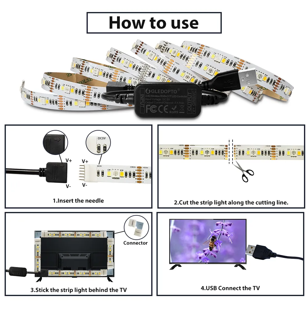 GLEDOPTO 2M RGBCCT Zigbee LED bande lumière TV rétro-éclairage Smart Kit 5V USB RGB CCT bande bande ruban lampe fonctionne avec Hub Alexa Echo