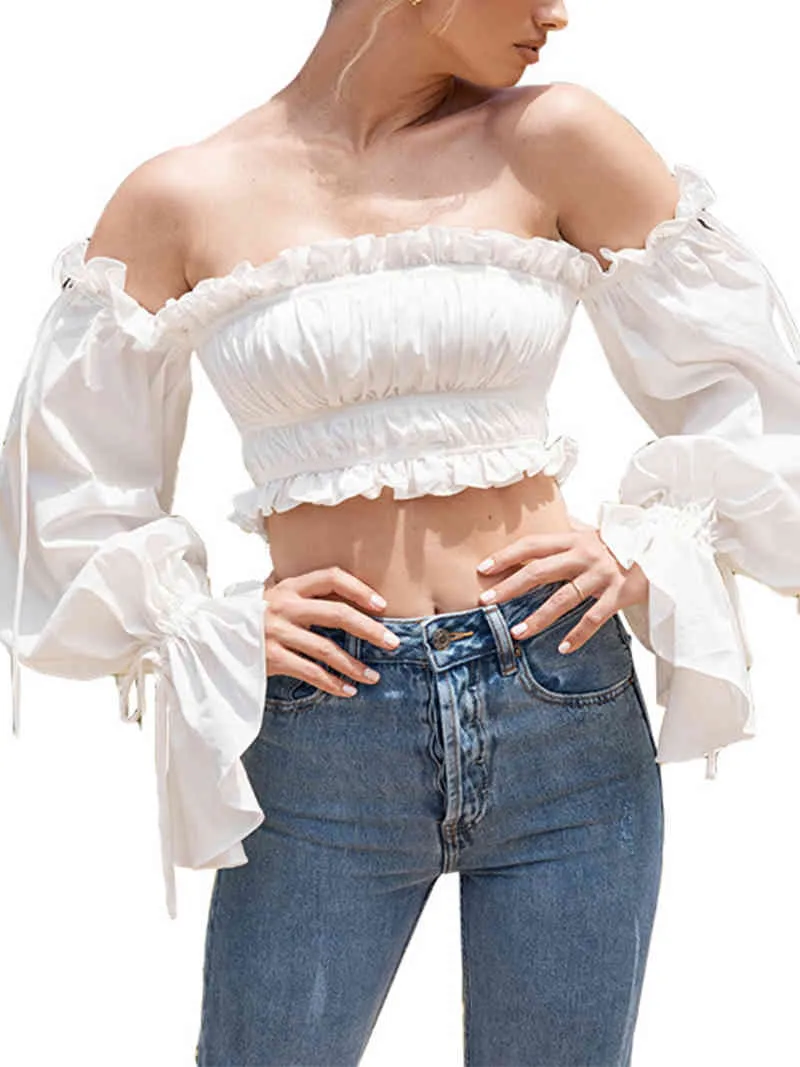 Женская футболка женская длинная вспышка рукава вне плеча короткие топы элегантные женские оборками твердая тонкая рушанная одежда 210522
