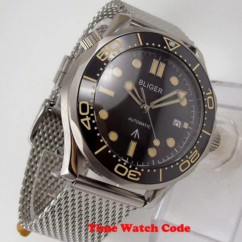 41 mm automatische Herren-Armbanduhr, japanisches NH35-Uhrwerk, Datumsanzeige, schwarzes Zifferblatt, Saphirglas, Edelstahl-Mesh-Band, Handgelenk 333 m