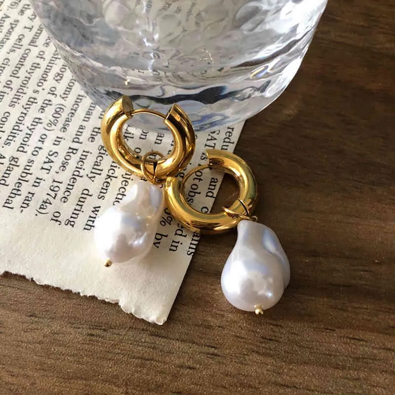 GHIDBK Ins Gioielli in acciaio inossidabile Orecchini a cerchio pendenti con perle finte barocche Orecchini a cerchio eleganti francesi