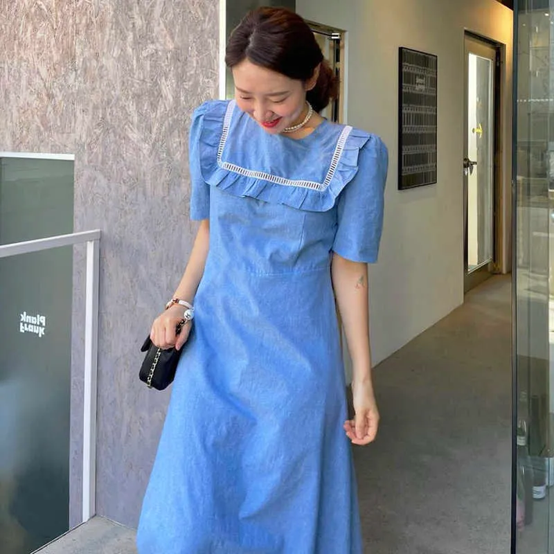 Korjpaa Kvinnor Klänning Sommar Koreanska Chic Ladies Gentle Haze Blå Rund Neck Stitching Hollow Wood Ear High Waist Vestidos 210526