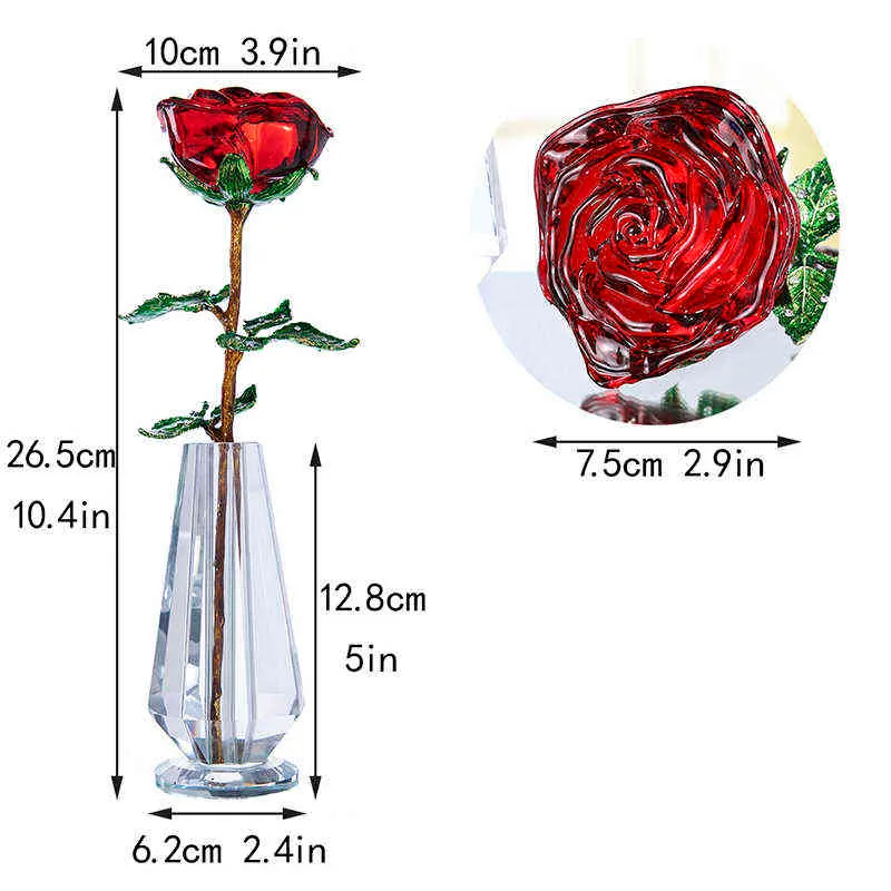 HD Crystal Red Rose Flower Figurines Craft Födelsedag Alla hjärtans dag Favoriter X'mas Gifts Wedding Home Table Dekoration Ornament 211108