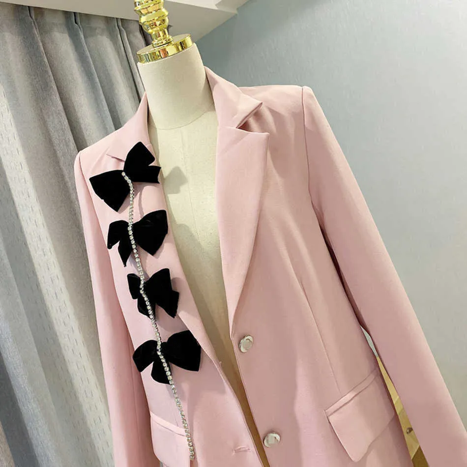 Fashion Designer Blazer Jaqueta Senhoras Prata Buckle Bow Alta Qualidade V-Neck Sexy Rosa Branco 210527