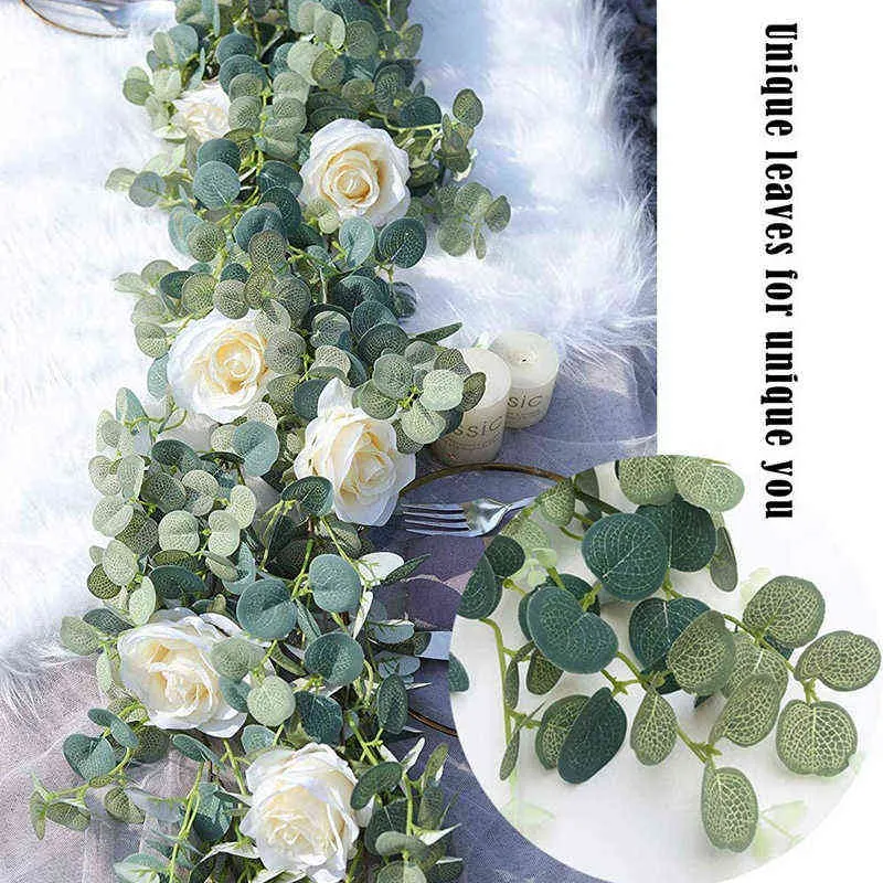 6.2ff Искусственный завод Цветы Eucalyptus Гирлянда с белыми розами зелени листья для свадьбы фон партии настенный стол декор 211104