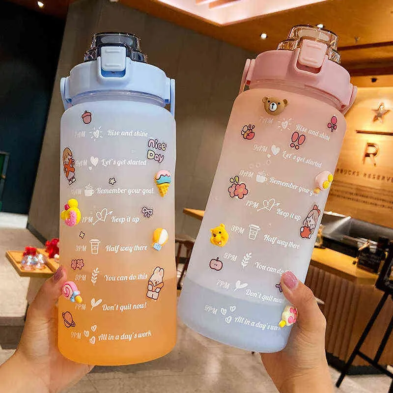 2000ml Large Water Bottle With Time Marker Portable Leakproof BPA Non-Toxic Sports Drinking Bottle With Straw Plastic Cup Y112075