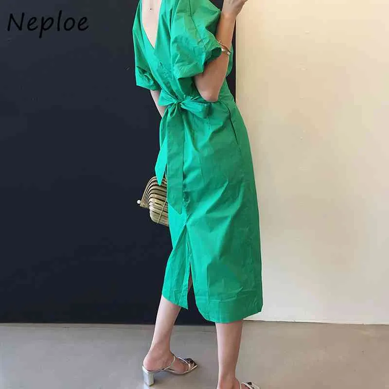 O Neck Lantern Short Sleeve Dress Women High Waist Hip A Line Long Vestidos Sexy Open Back Solid Robe Summer 210422