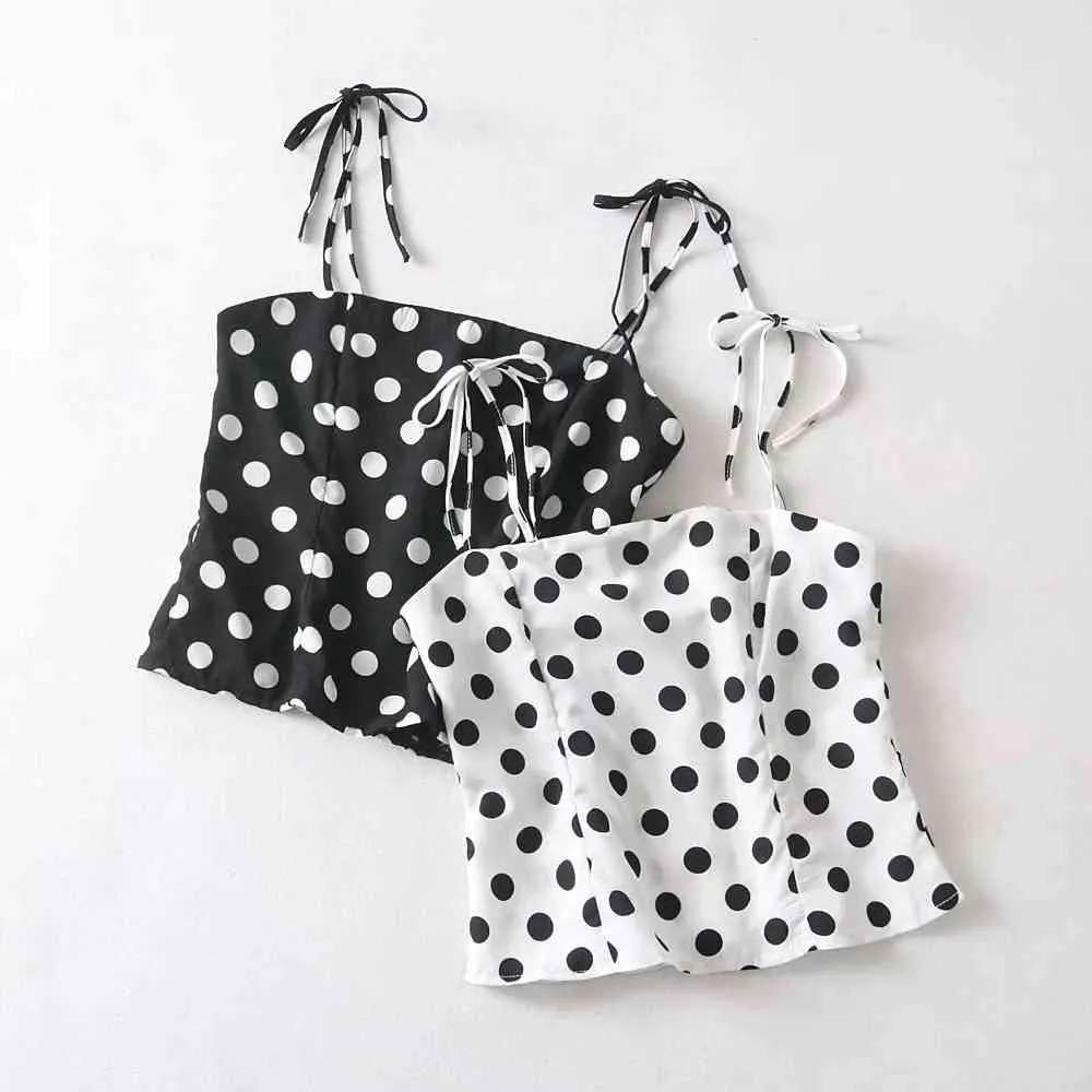 Sommer Boho Crop Top Polka Dots Krawatte Schleife Chiffon Cami Tops Frauen geraffte Plissee Sexy Bustier T-Shirts Feamle Tank Tops Korea 210521