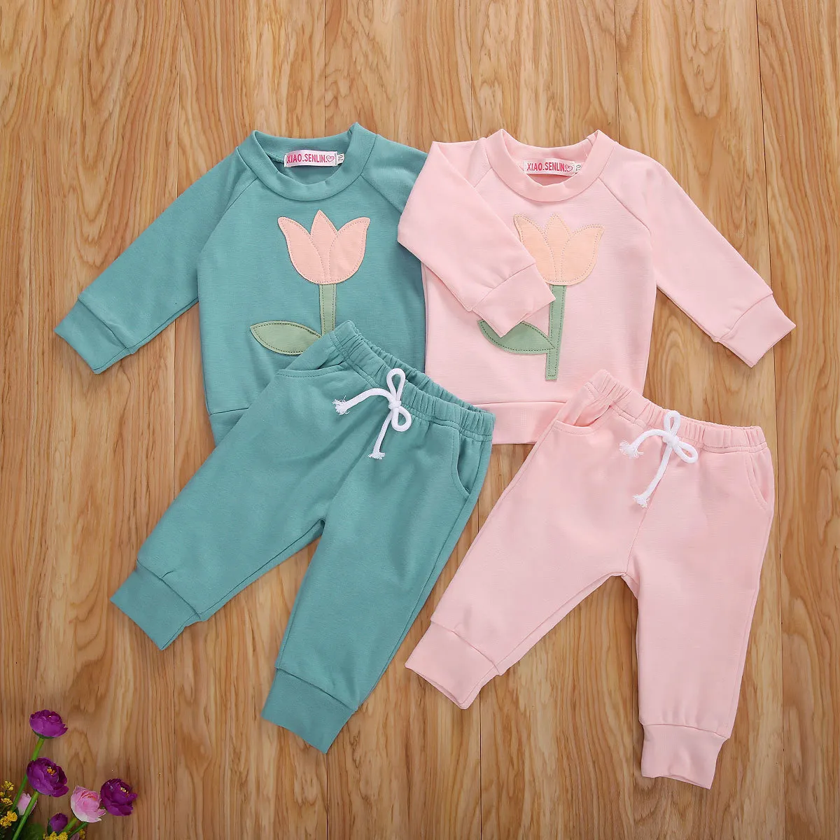 0-3y toddler född spädbarn baby tjejer kläder set långärmad blomma t-shirt byxor höst vinter outfits 210515