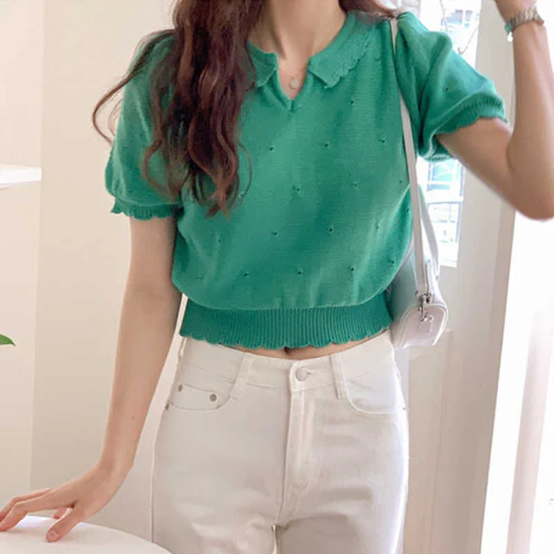 Korjpaa Kvinnor T-shirt Sommar Korea Chic Åldersreducerande Candy Färg Lace Halsband Lossa Short Cut Hollow Puff Sleeve Sticka Top 210526