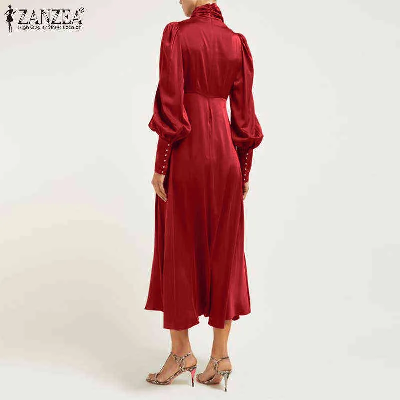 ZANZEA Vintage Women Elegant Heaps Collar Sundress Long Puff Sleeve Satin Dress Autumn Holiday Party Tunic Kaftan Slim Vestidos Y1204