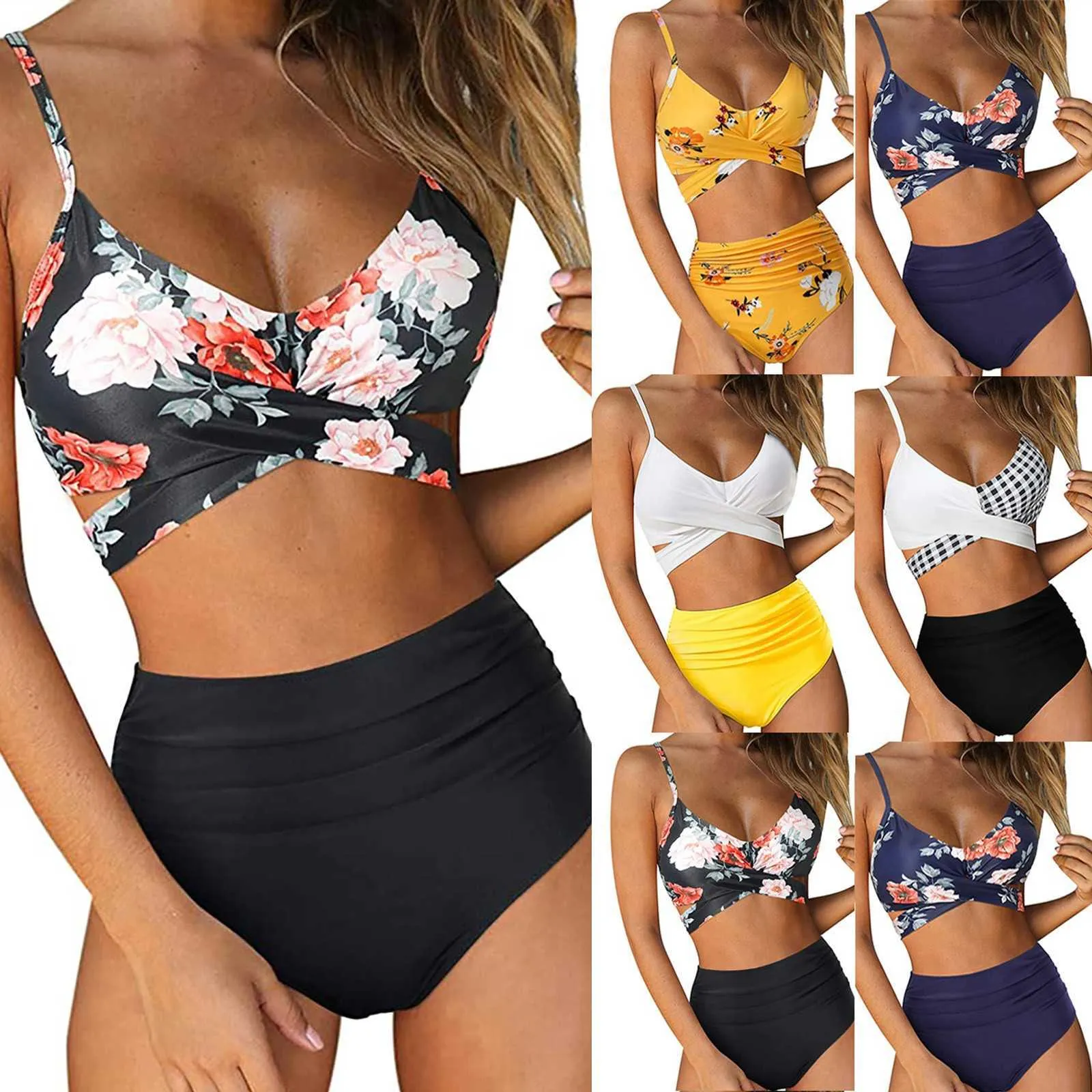 Bikini brésilien 2 pièces séparé fleur imprimé ensemble taille haute maillot de bain pour femme short culotte solide 210712