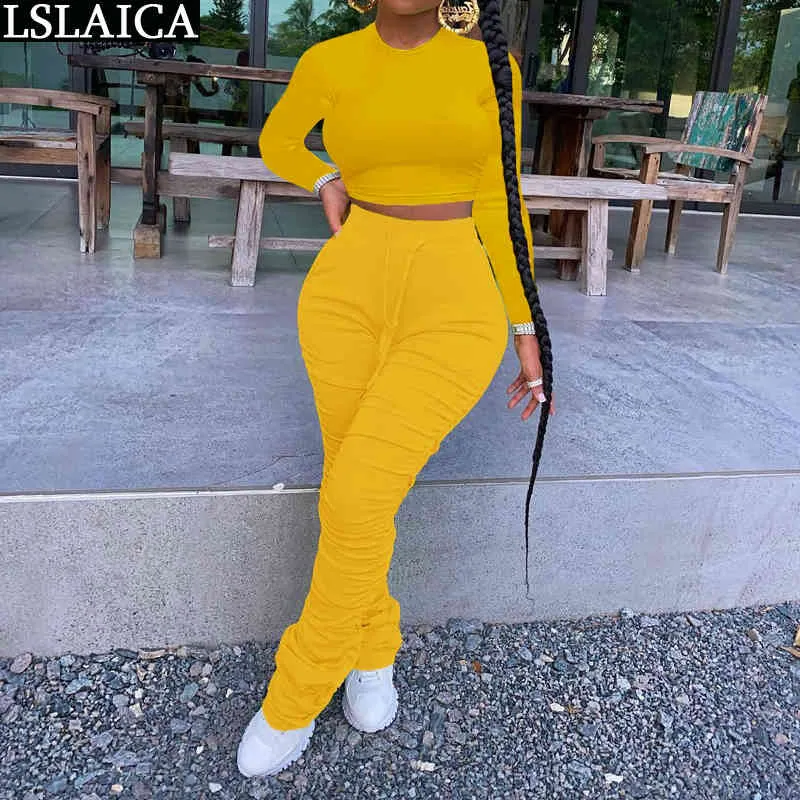 2 Peice Set Kvinnor Solid Långärmad O Neck Crop Top Drawstring Stacked Byxor Sweatsuit Höst Casual Outfits Slim Tracksuit Ropa 210515