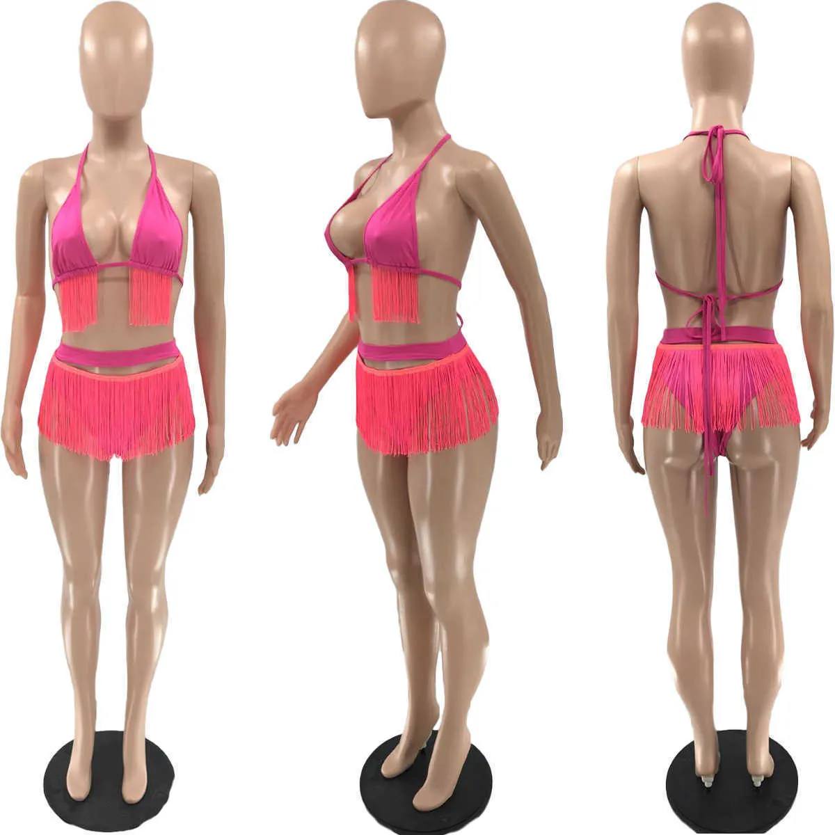 Conjunto de Bikini para mujer, traje de baño Sexy a la moda de verano con cuello en V, traje de baño dividido de Color sólido, conjuntos de dos piezas, pantalones cortos con tirantes y borlas