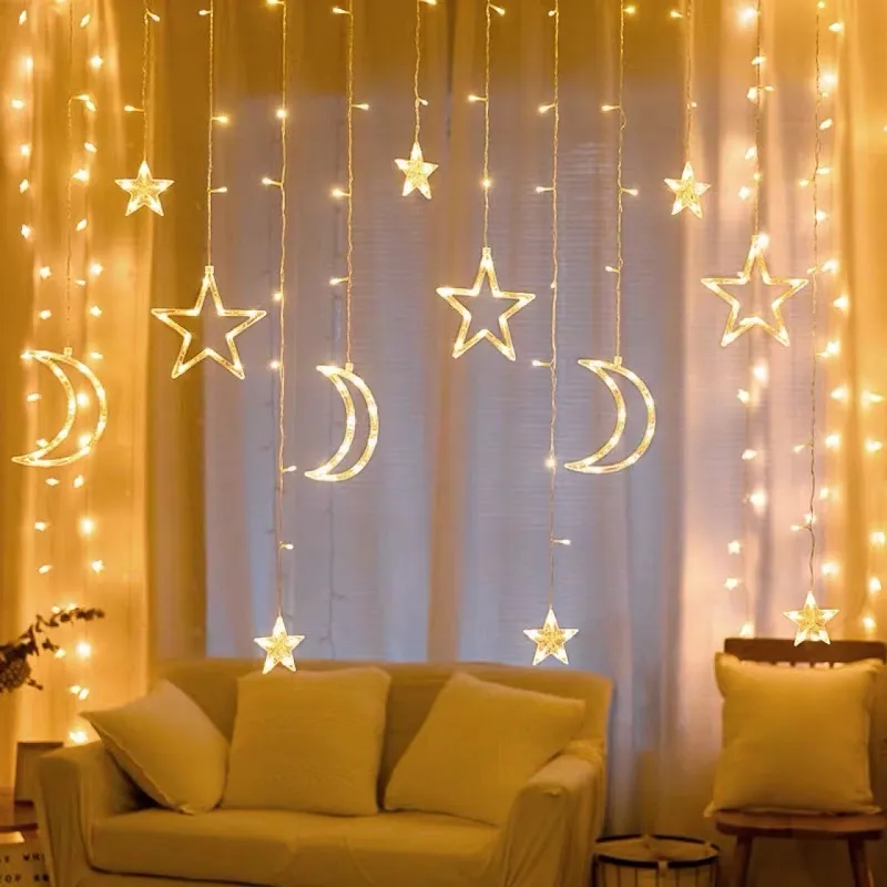 Moon Star LED Fata Luci String Natale Capodanno Tenda Lampada Eid Mubarak Decorazione del partito la casa Camera da letto Ramadan Kareem 210408