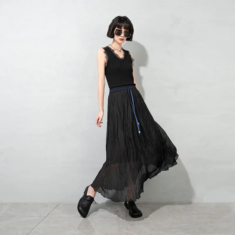 [EAM] High Elastic Waist Black Pleated Long Chiffon Temperament Half-body Skirt Women Fashion Spring Summer 1DD8336 21512