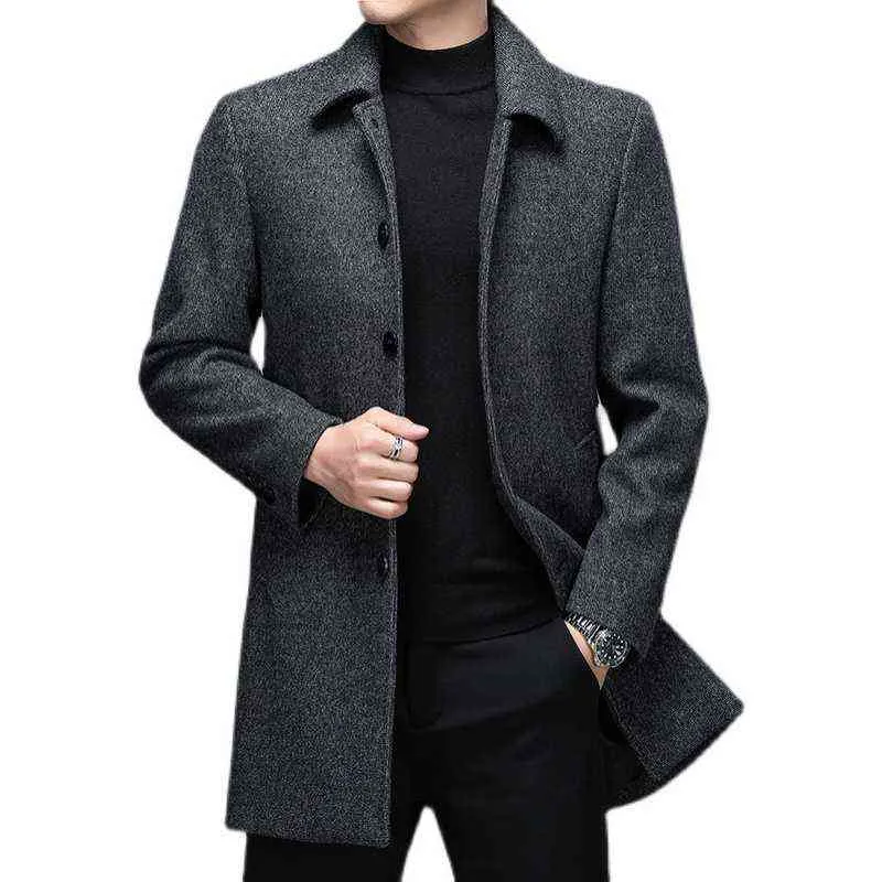 고품질 망 겨울 재킷 및 코트 비즈니스 캐주얼 모직 자켓 코트 긴 오버 코트 남성 칼라 양모 블렌드 다운 211119