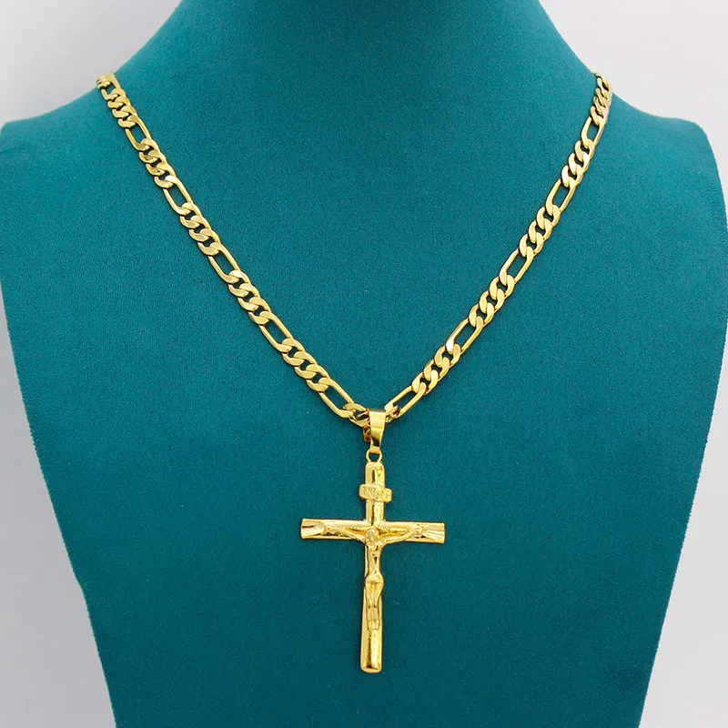 Prawdziwy 24K żółty solidny drobny duży wisiorek 18ct thai baht g f f Gold Jesus Cross Crucifix urok 55 35 mm figaro łańcuch Naszyjnik 2236