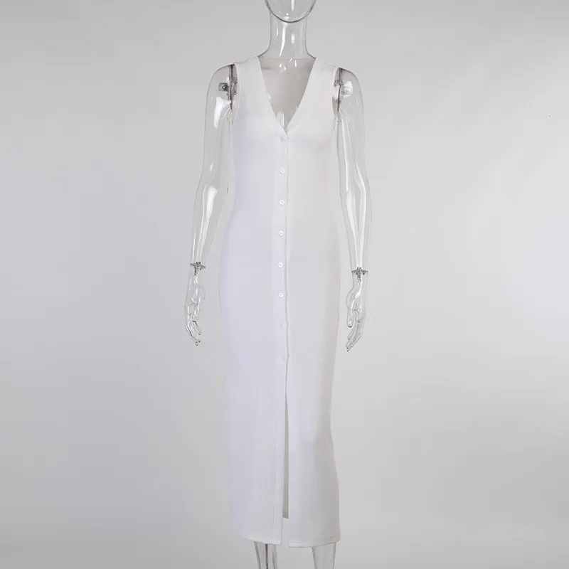 Robe blanche en tricot côtelé col en V sans manches boutons fendus jusqu'à sexy club robes midi vêtements décontractés pour femmes robes d'été 210517