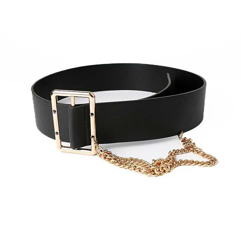 New Design No Pin Rectangle Buckle Belts For Women Black Wide Waist Strape Punk Gold Chain Tassel Decorate Coat Jeans Dress Girl G1026