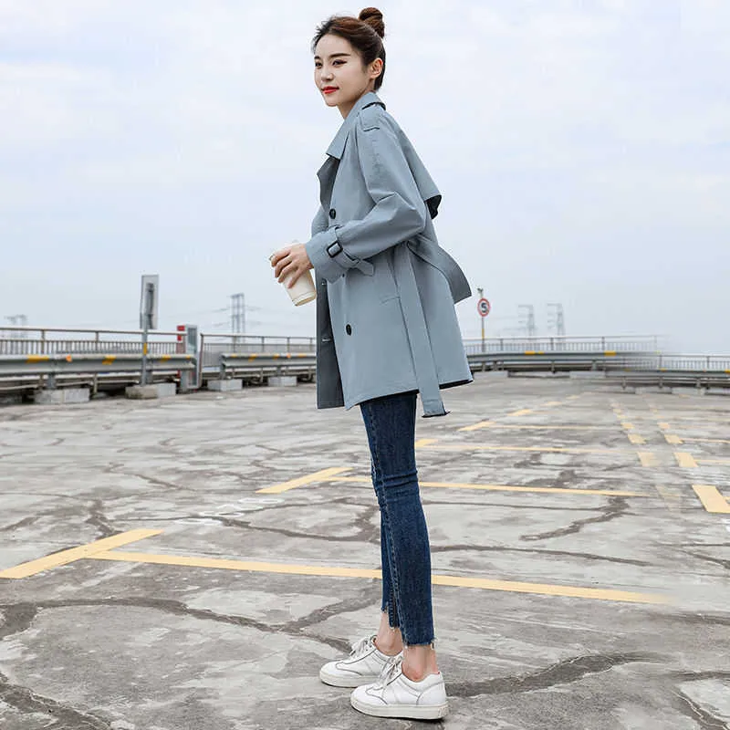 Ailegogo Printemps Femmes Trench Coat Casual Streetwear Double Ceinture Femme Manteaux Mode Coréen Loose Fit Outwear 210812